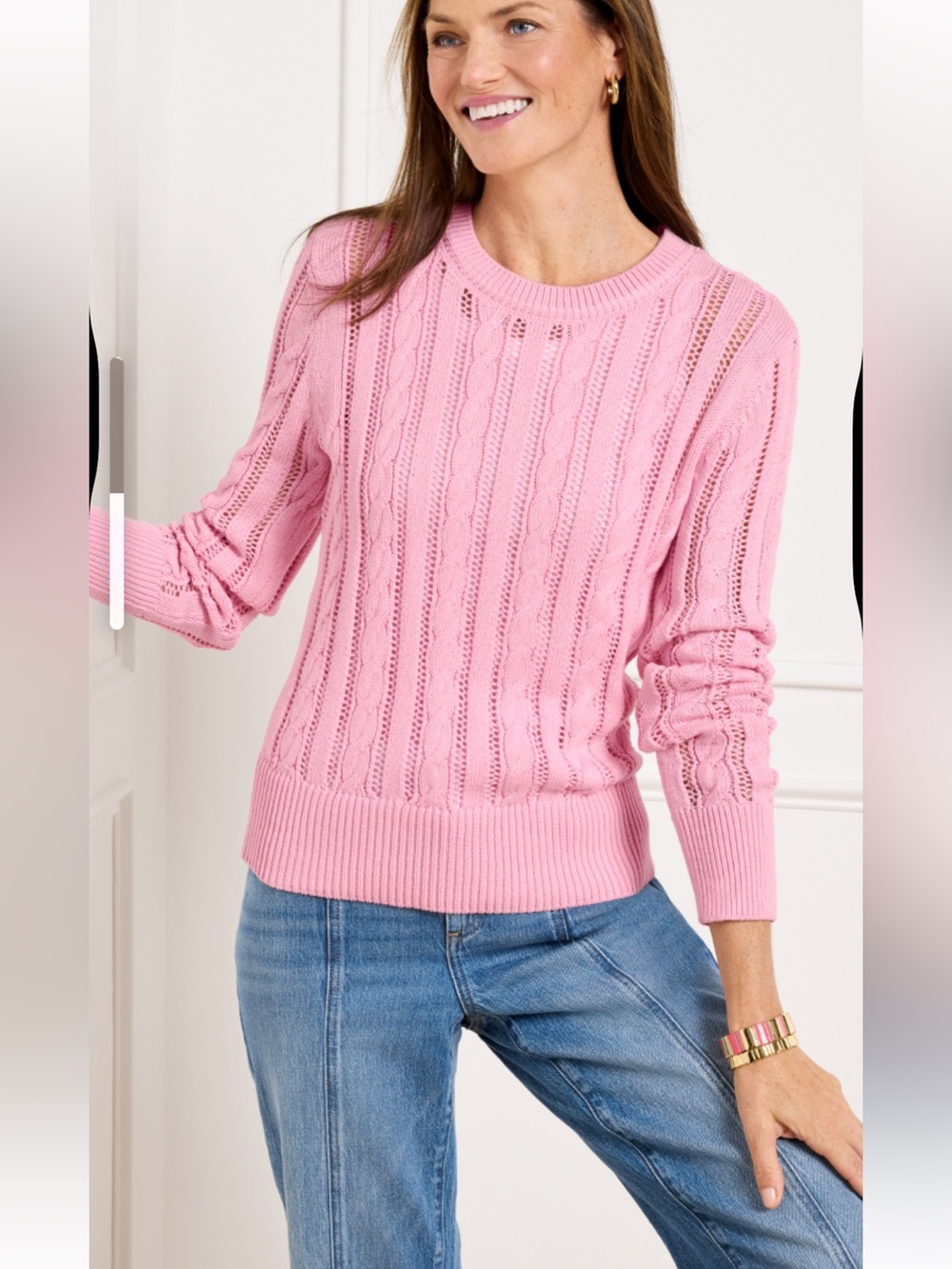 Talbots Pink Openwork Cable Crewneck Sweater Size Medium